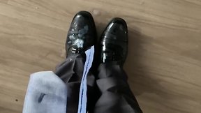 Trying on daddys suit with his horny dress shoes