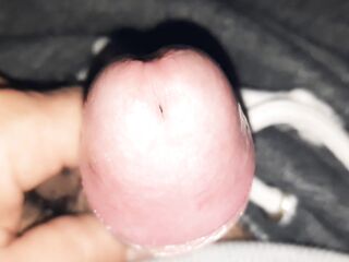 Petite uncut grower not shower, precum, slow foreskin rolling close up, glistening precum play