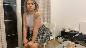 Farting in skirt on chair while smoking'