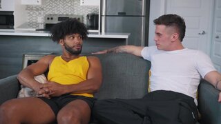 Tall black man lets a pale hunk fuck his tight bum