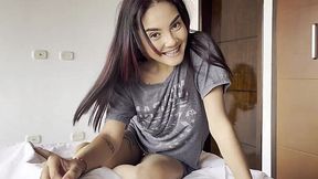 Hot slender latina girl gives her boyfriend a deep blowjob and then gets pounded missionary on a hotel bed