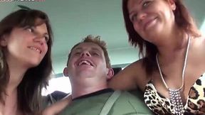Public Threesome with Busty Amateur in Car Takes a Facial