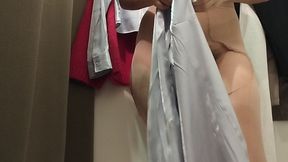 Sexy Brunette Tries on Clothes in Fitting Room. I'm Looking at a Hairy, Hairy Pussy