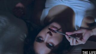 Rubbing her big jugs as she fucks herself with a