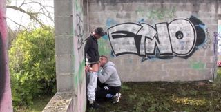 Strong outdoor gay play in the park for a sexy amateur couple