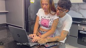 Showing My Step-Sister the Ropes on My Computer While She Handles My Monster Dick