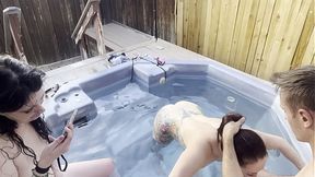 DICKFLASH cleaner and 2 girls hot tub adventure(2/4) FFM Cleaner helps two girls clean their pipes and cums on their faces