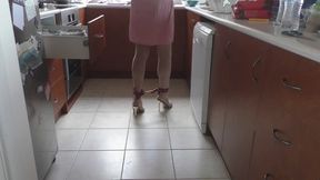 Submissive Sissy Dishwashing in High Heel Mules and Ankle Cuffs