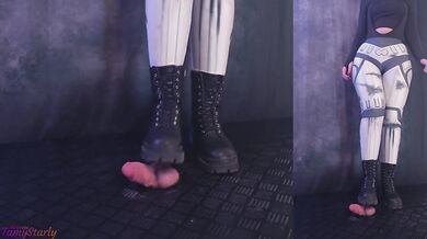 Your nuts get crunched between two killer combat boots while she grinds your cock into submission