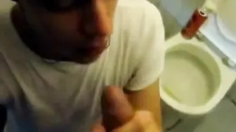 Amateur crossdresser gives blowjob and swallows cum in restroom