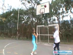 Busty cute petite teen plays on the court