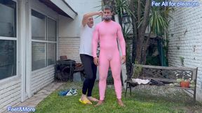 Tony physical condition is evaluated in pink suit (workout and tickle)