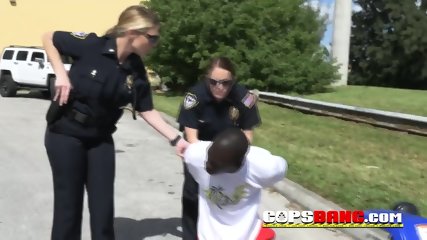 Hardcore fuck between ex convict and two busty female cops.