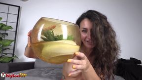 Babe with Hairy Pussy Pisses Into a Angle Bowl