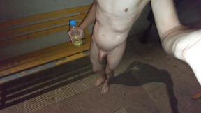 Nude in Public Playing with Piss