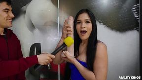 Young Latin slut gets a few thick inches in her ass near a sex shop.