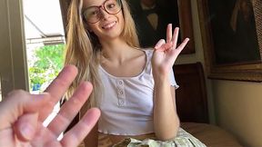 Cute Blondie in glasses enjoys her step-bro's big white cock in her pussy