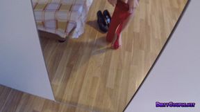 Long legs slender brunette in pantyhose cock sucking