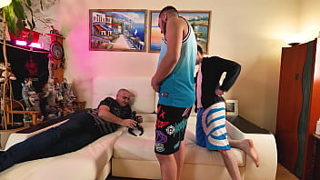 Miniature milf is happy to accept three dicks in All holes