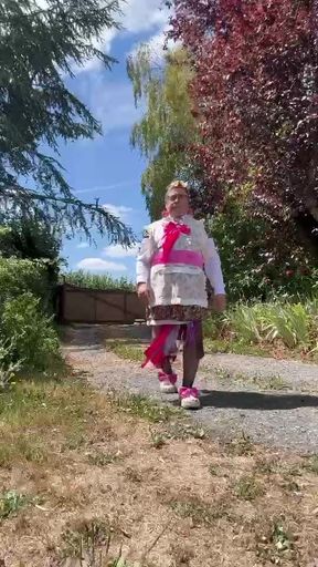 In gardener outfit with a little leopard dress
