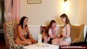 A naughty strip game of Jenga Draw among three hot lesbian friends