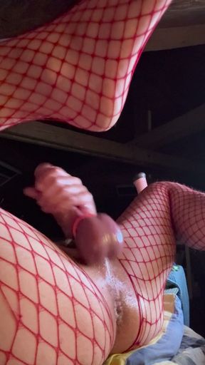 BRANLETTE IN RED FISHNET JUMPSUIT BIG CUMSHOT