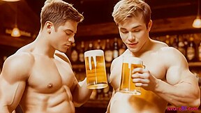 Muscular bear pounds ass with beer-fueled public anal fuck on bar