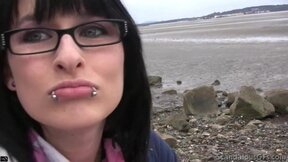 Nerd Brunette Blowjob & cumming beside beach