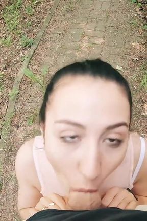 Unexpected Blowjob the Middle of the Park - Surprise Cum in Brunette's Throat - POV