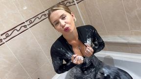 Messy and Wet in a Black Tight Jumpsuit