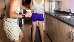 oiled and creamed hot girl gunged in a holiday caravan game