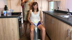 oiled and creamed hot girl gunged in a holiday caravan game