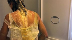 oiled and creamed hot girl gunged in a holiday caravan game
