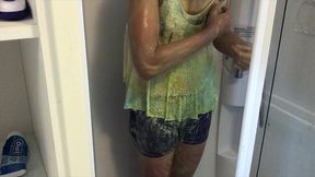 oiled and creamed hot girl gunged in a holiday caravan game