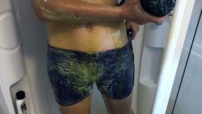 oiled and creamed hot girl gunged in a holiday caravan game