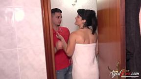 Mature Granny caught spying in the shower