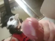 cum Handsfree in latex tranny goat mask