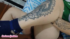 curious goddess - hot pregnant woman in celtics t-shirt without panties sucking dick giving hairy pussy fucking her big ass handjob licking cum part 3