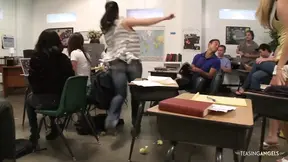 After accidentally showing porn the busty professor tells everyone to leave but one man stays