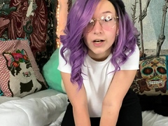 Busty curly brunette with big boobs fucks on couch