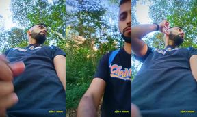 Big Uncut Cock Latino Jerking Outdoors in the Woods and Eating His Tasty Cum Careful Not to Get Caught