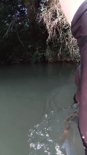 Jerking off in a Public River Untill I Drop a Massive Cumshot in My See Thru Leggings