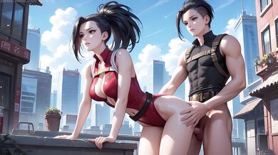 Momo Yaoyorozu’s split tempts a guy into anal creampie