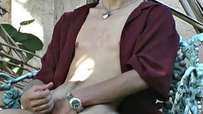 Skinny Latino Gabriel Miera plants his ass on a garden chair and starts stroking. The 19 year old works that hard cock of his until he has edged himself to the point of no return.