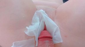 fresh pussy opening with the cock in the middle