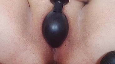 Close-up pussy stretching with inflatable balloon and huge 11" diIdo