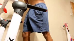 Candid View British Roadman Wearing Tight Blue Shorts Bulge On Treadmill