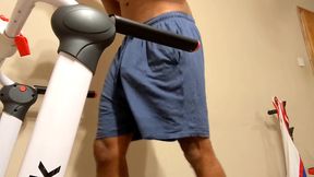 Candid View British Roadman Wearing Tight Blue Shorts Bulge On Treadmill