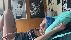 mutual masturbation with girlfriend in bed dildo fucking sucking joi tattooed blue haired babe