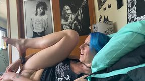mutual masturbation with girlfriend in bed dildo fucking sucking joi tattooed blue haired babe